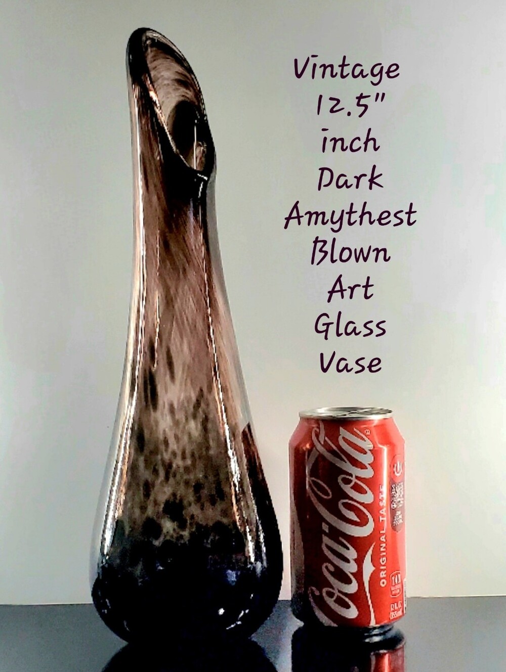 12.5" Blown Organic Stretch Swung Mottled Amethyst Brown Purple Art Glass Vase